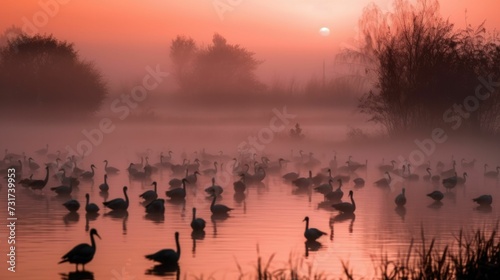 AI-generated illustration of a group of birds in a body of water on a foggy morning.