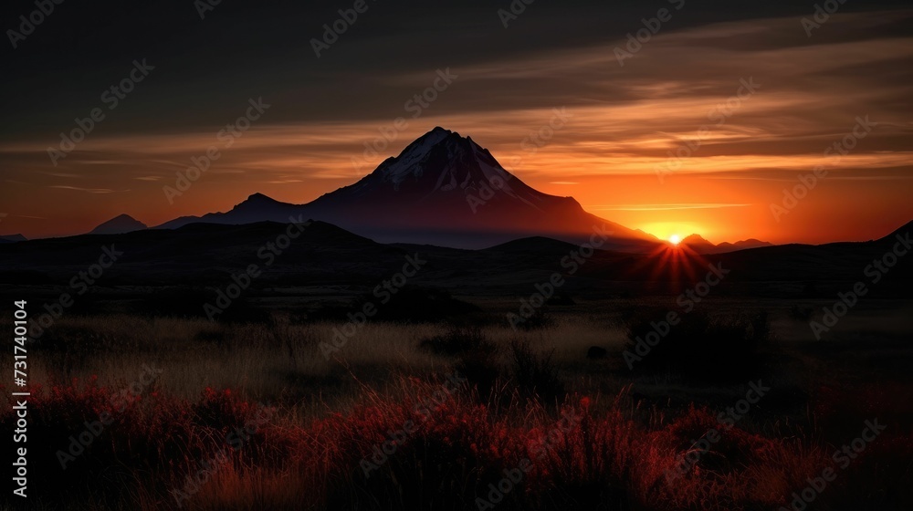 AI-generated illustration of a valley and mountain range at the stunning sunset.