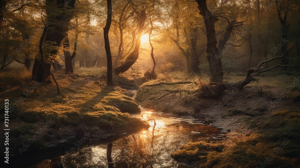 AI-generated illustration of a creek in the lush forest at sunset.