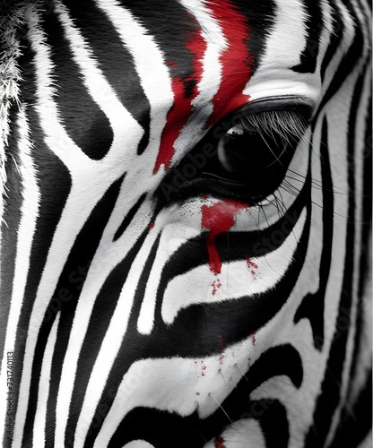 AI generated illustration of a zebra s eye  featuring a red paint with a slight bleed