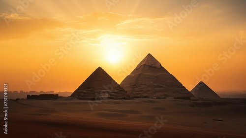 AI generated illustration of the Pyramids of Giza during a beautiful sunset © Wirestock