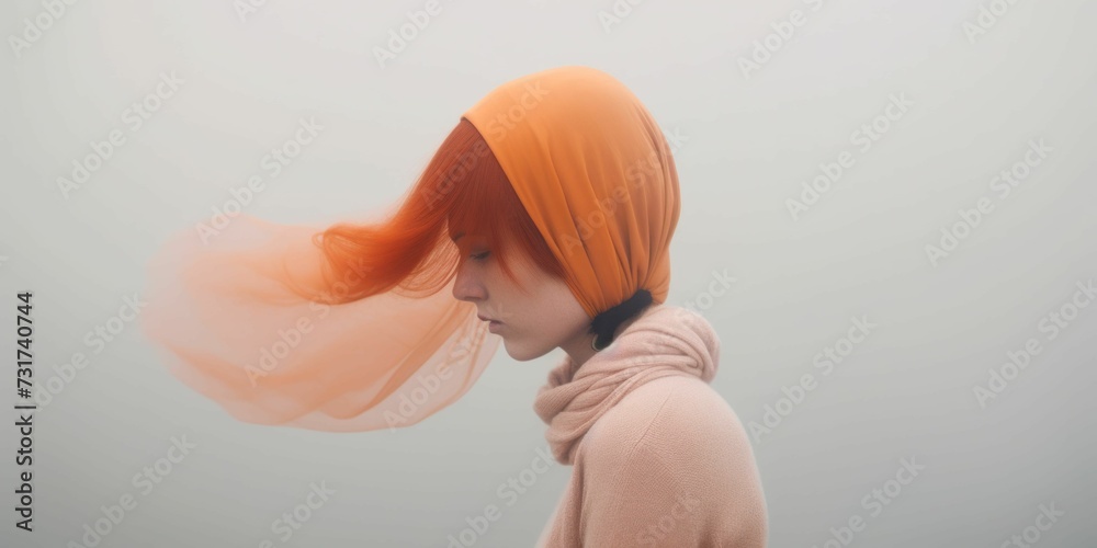 Φωτογραφία AI generated illustration of a young woman with vibrant red hair in front of a c