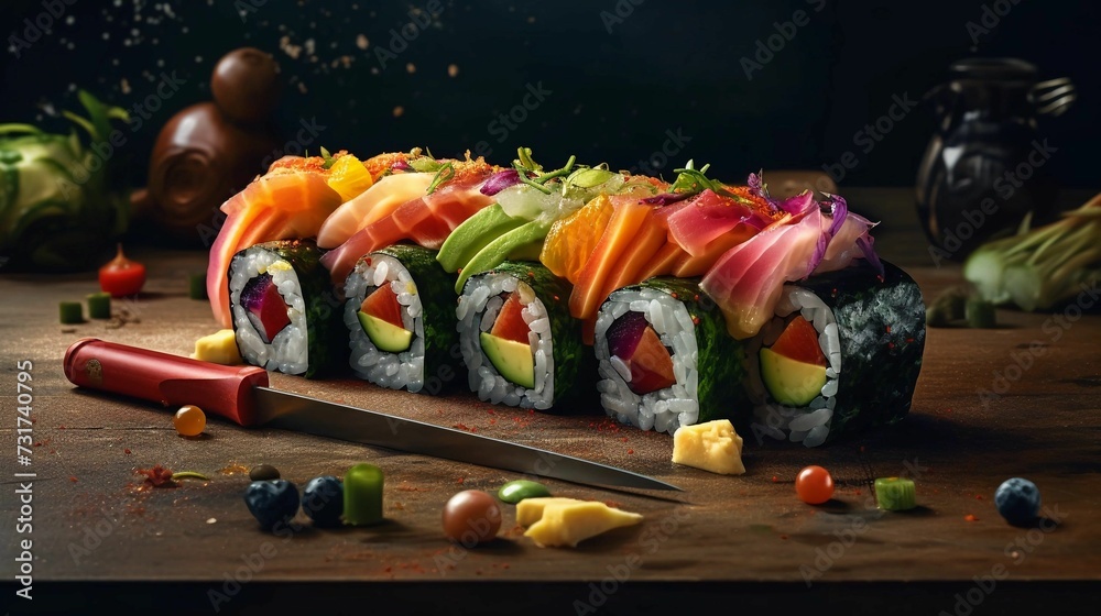 AI generated image of delicious sushi rolls on table