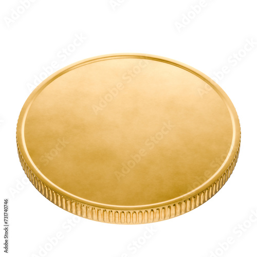 Money, bank, loans. Blank template for gold coin or medal with metal texture. Currency. Medal, prize. Subscription. Donations. Coin for casino. Blank gold coin on a transparent, white background. 