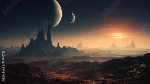 AI generated illustration of a surreal extraterrestrial scene featuring planets, mountains