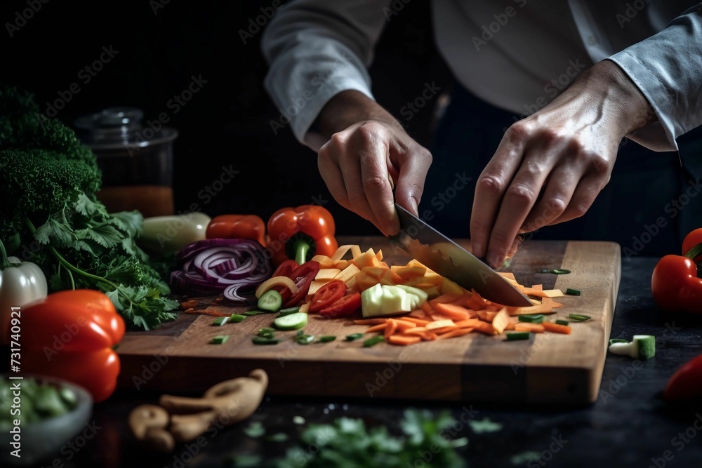 AI generated  chef preparing a meal while slicing vegetables on a wooden board