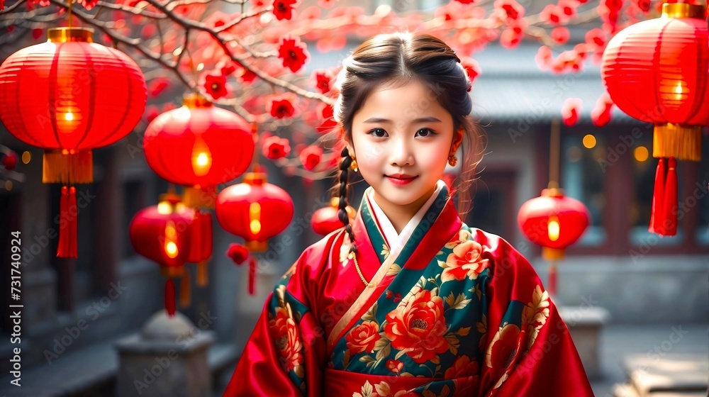 Chinese girl wearing traditional costume for  new year celebration with lanterns in background