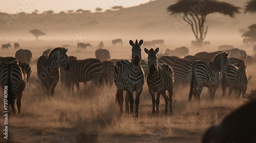 AI-generated illustration of a herd of zebras in a wild savannah.
