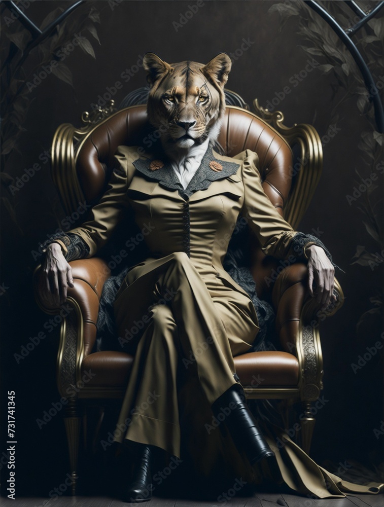 AI generated illustration of a powerful lioness in a professional suit sitting in a leather armchair