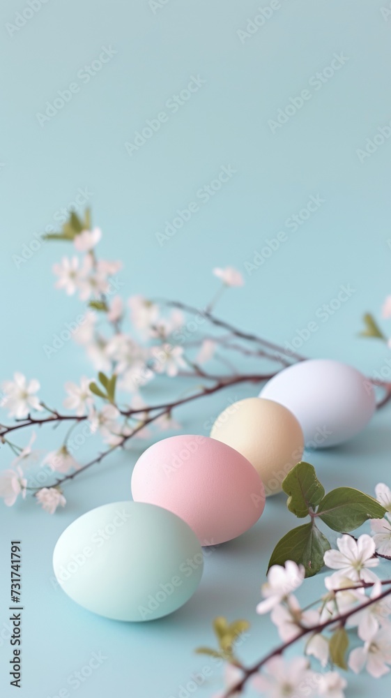 Ester eggs colored in pastel colors lying on a one-color light blue surface with cherry or apple blossom branches with copy space for text. Vertical layout for social media stories