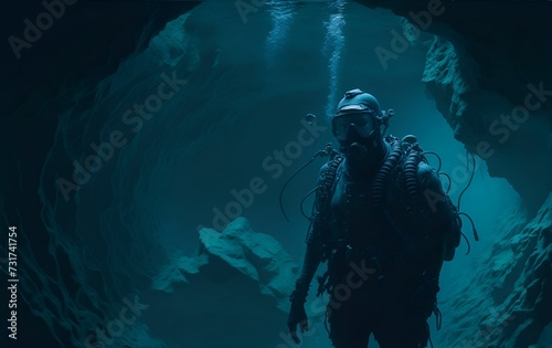 AI generated scuba diver wearing a diving mask and oxygen tank in deep underwater