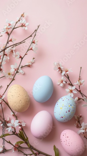 Ester eggs colored in pastel colors lying on a one-color pink surface with cherry or apple blossom branches with copy space for text. Vertical layout for social media stories