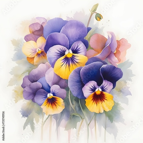 AI generated illustration of a vibrant purple and yellow flower with green leaves