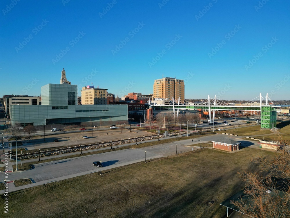 Aerial view of Downtown Davenport including Figge Art Museum and Walking Skybridge