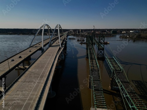 Aerial view of a bridge running over the Mississippi River in Davenport