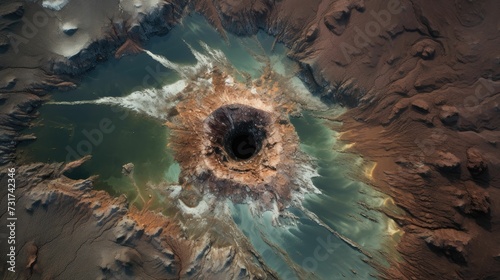 AI generated illustration of an aerial view of a crater located on a hillside photo