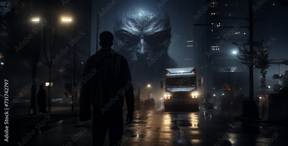 night in the city, a antonym scary looking man is Watching a modern truck
