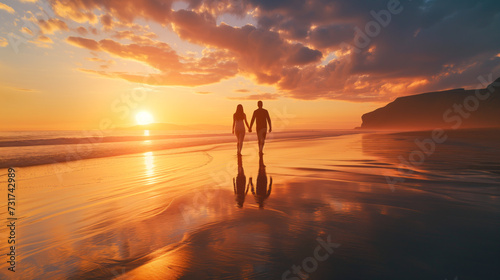 A couple holding hands, walking along a sandy beach during a magical sunset over the horizon