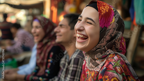 Woman in colorful hijab laughing together. Eid al-Fitr celebrations © tiagozr