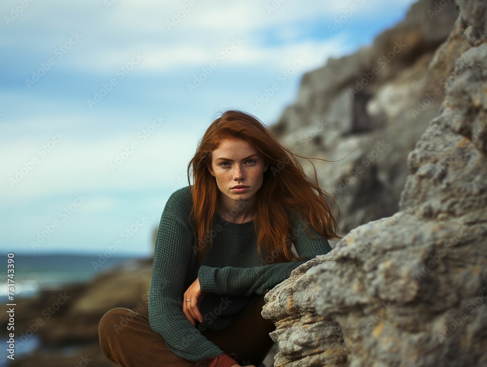 Striking redhead model sitting on a jagged rock by the seashore in a glamorous pose, AI-generated.