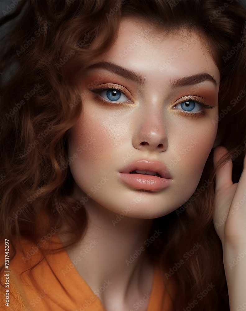 Portrait of a young Caucasian woman with blue eyes and curly hair, AI-generated. Portrait of a young Caucasian woman with blue eyes and curly hair, AI-generated.