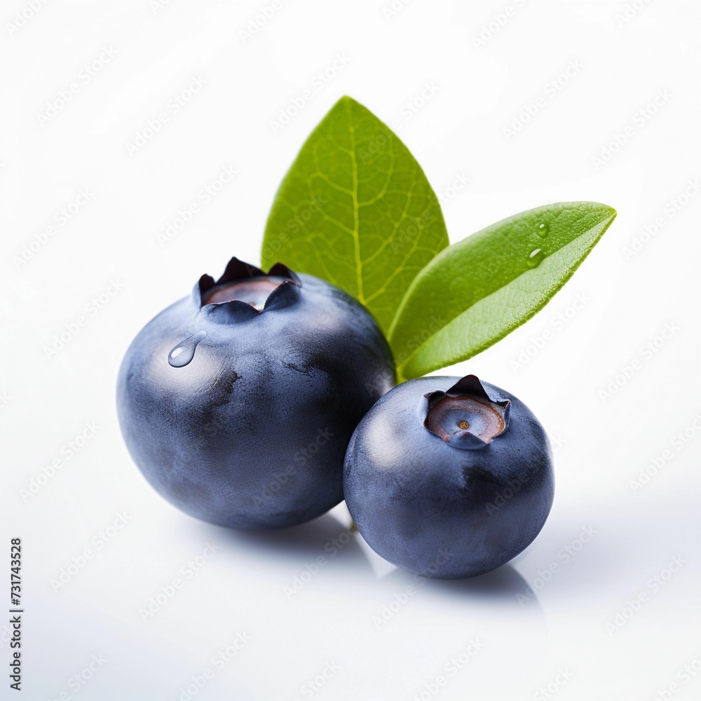 AI generated illustration of two luscious blueberries with a vibrant green leaf AI generated illustration of two luscious blueberries with a vibrant green leaf