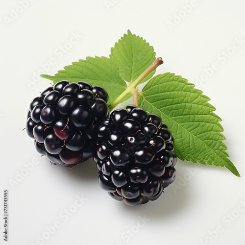 AI generated illustration of ripe blackberries with green leaves on the white background
