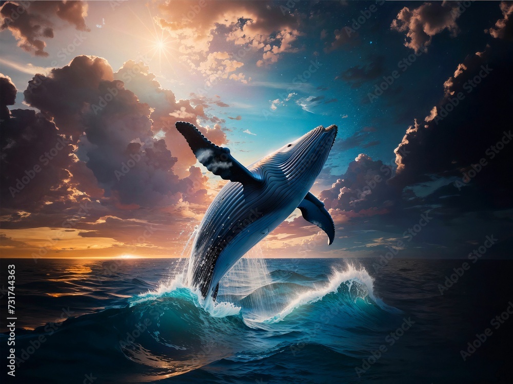 AI generated illustration of a humpback whale jumping out of the sea at sunset