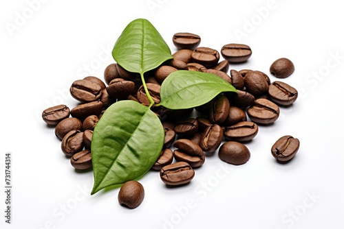 Coffee beans and leaf isolated on white background