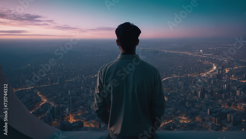 man looking out over a city at night