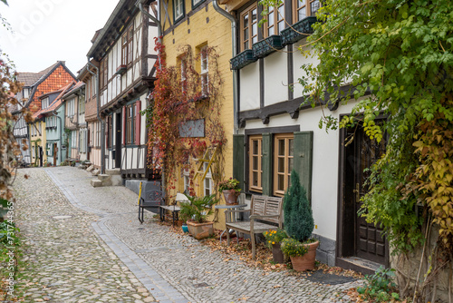 Historic half-timbered houses in Quedlinburg am Schlossberg  Saxony-Anhalt  Germany