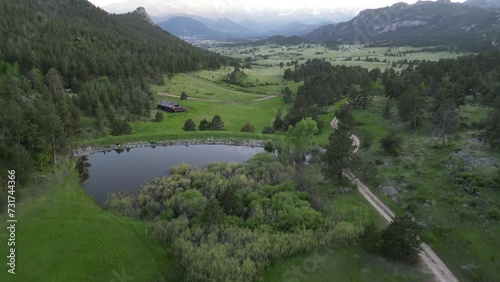 Drone footage of McAllister unincorporated community in Madison County in Montana, USA photo