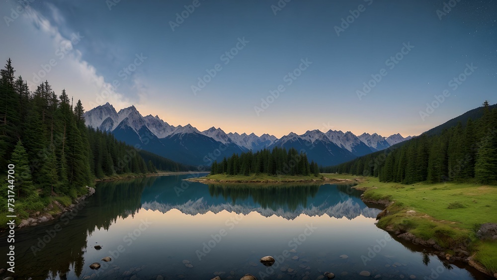 AI generated illustration of a tranquil scene featuring an alpine lake in the evening