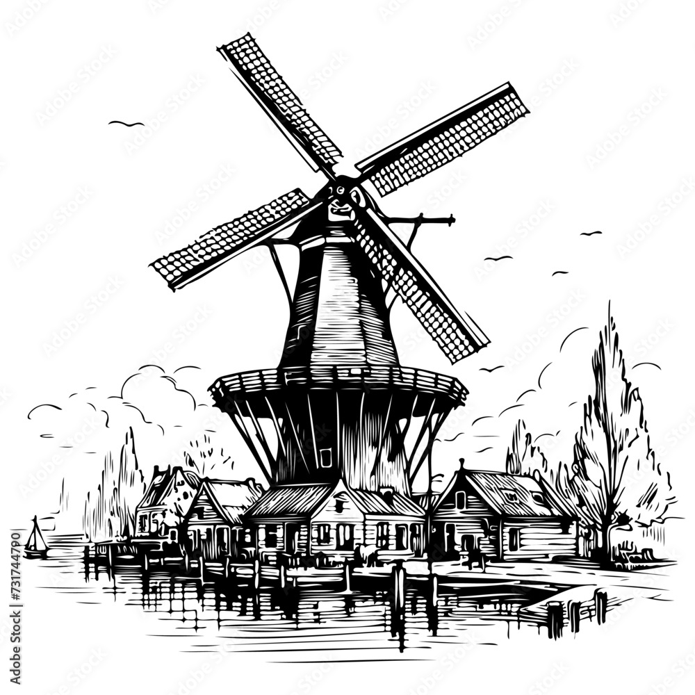 Windmill in a rural landscape. Wheat field sketch vintage vector illustration