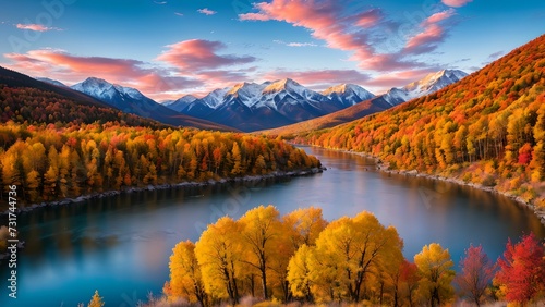 AI generated illustration of a scenic landscape of a lake surrounded by autumn-colored foliage