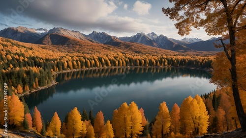 AI generated illustration of a scenic landscape of a lake surrounded by autumn-colored foliage