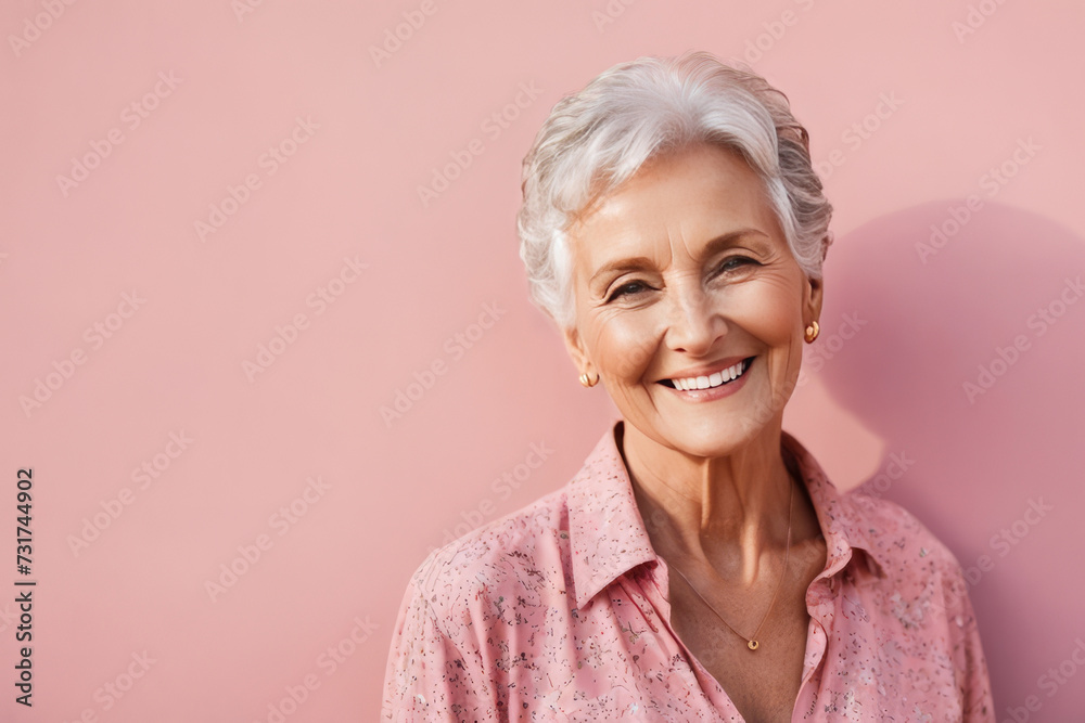 Portrait of beautiful older woman smiling and standing by pink wall. A place for text, a banner for advertising.