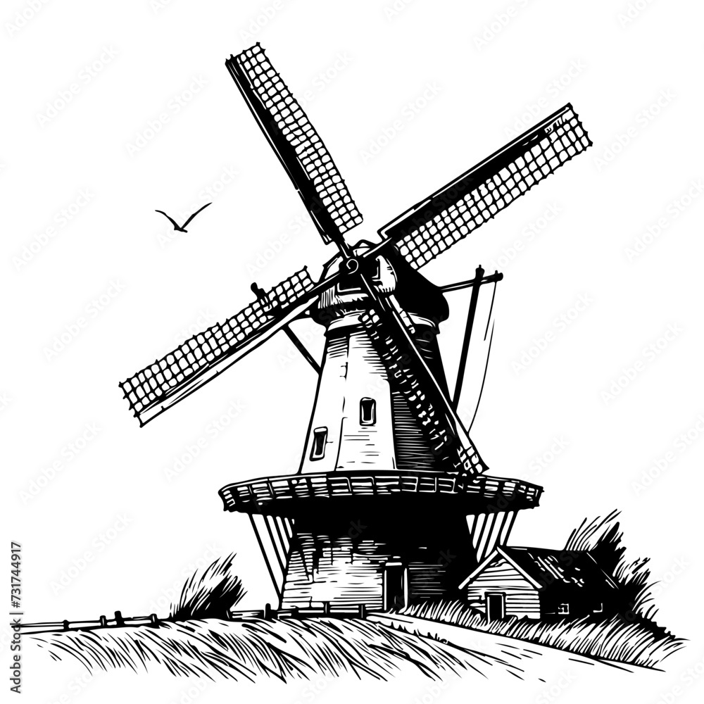 Hand-drawn realistic sketch of an old windmill, depicting an architectural vintage building