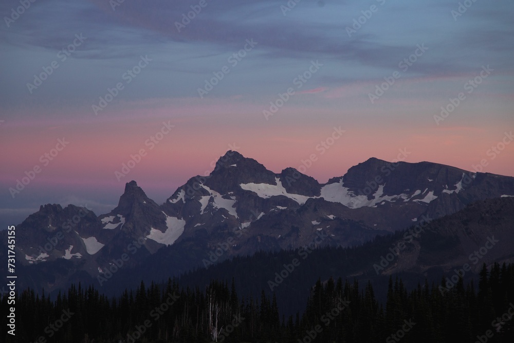 Scenic view of the beautiful snow-capped Mount Rainer at sunset in Washington