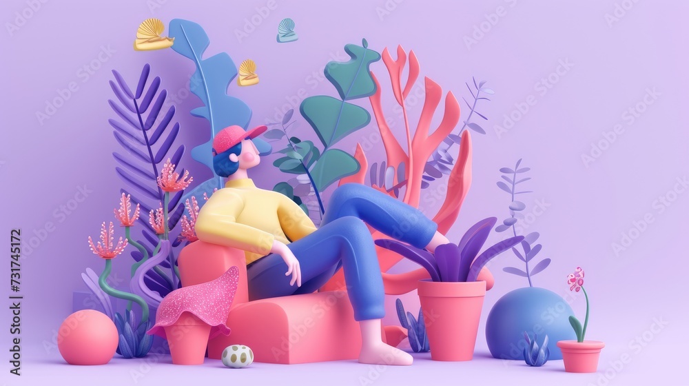 a colorful illustration of 3d character sitting in the planter, studyplace, cartoon, soft pop style a colorful illustration of 3d character sitting in the planter, studyplace, cartoon, soft pop style