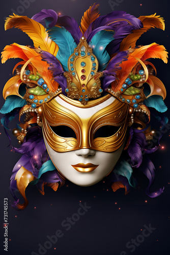 A Carnival Venetian mask featuring colored feathers, against a rich purple background, Mardi Gras