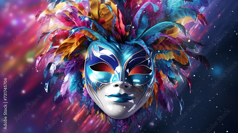 A vibrant carnival mask adorned with colored feathers and beads, ideal for Mardi Gras festivities