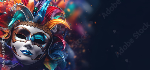 A vibrant Venetian carnival mask set against a striking blue background © Alina