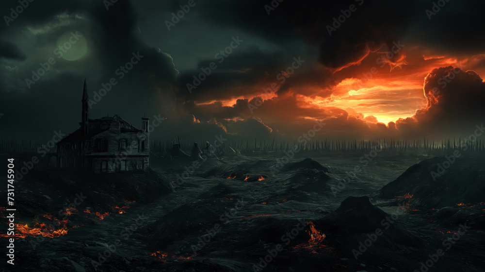 haunting image, dystopian landscapes, where desolation and decay dominate the scene, featuring bleak and abandoned structures against a brooding sky, dark and uncertain future digital art