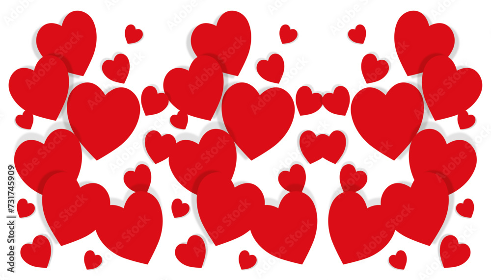 Red hearts fly on soft white color background, border, copy space vector illustration. Valentine day concept for design.