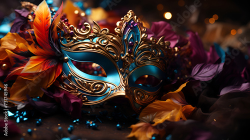 A carnival mask adorned with colored feathers, perfect for a masquerade and Mardi Gras celebrations