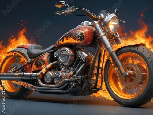 Flaming Stallion: Classic Chopper Roars to Life with Epic Fire Element © bellart