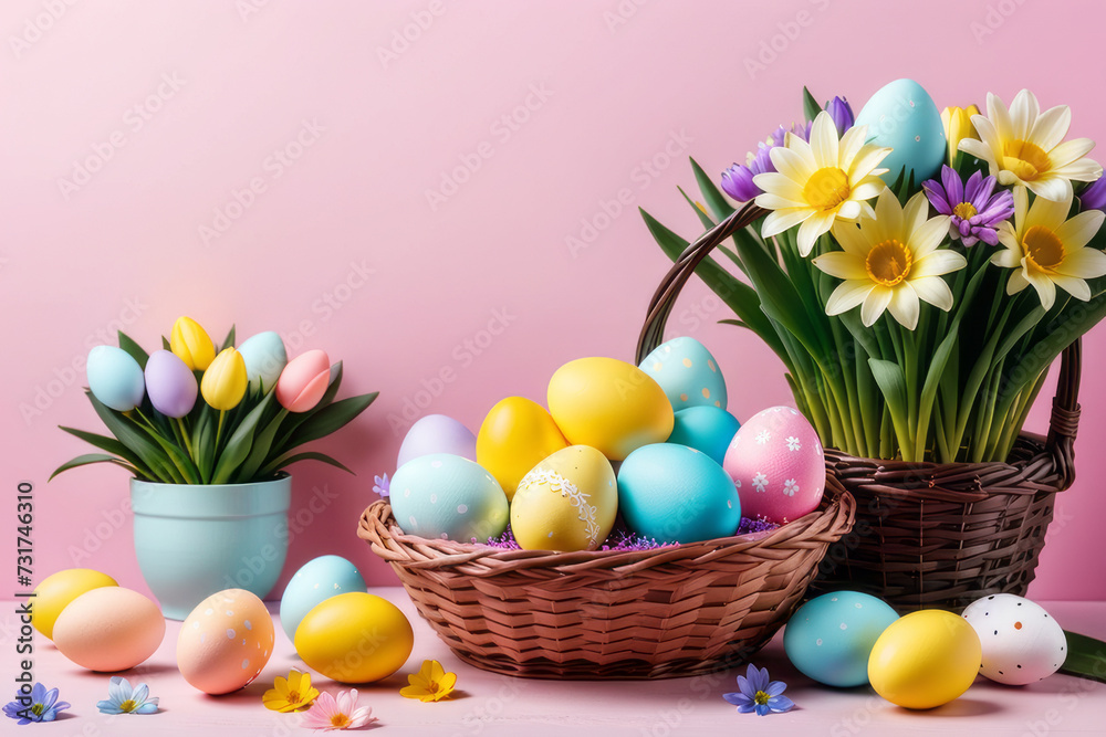 Basket with colorful Easter eggs and blooming flowers on the table on pink background. Basket with colorful Easter eggs and blooming flowers on the table on pink background.