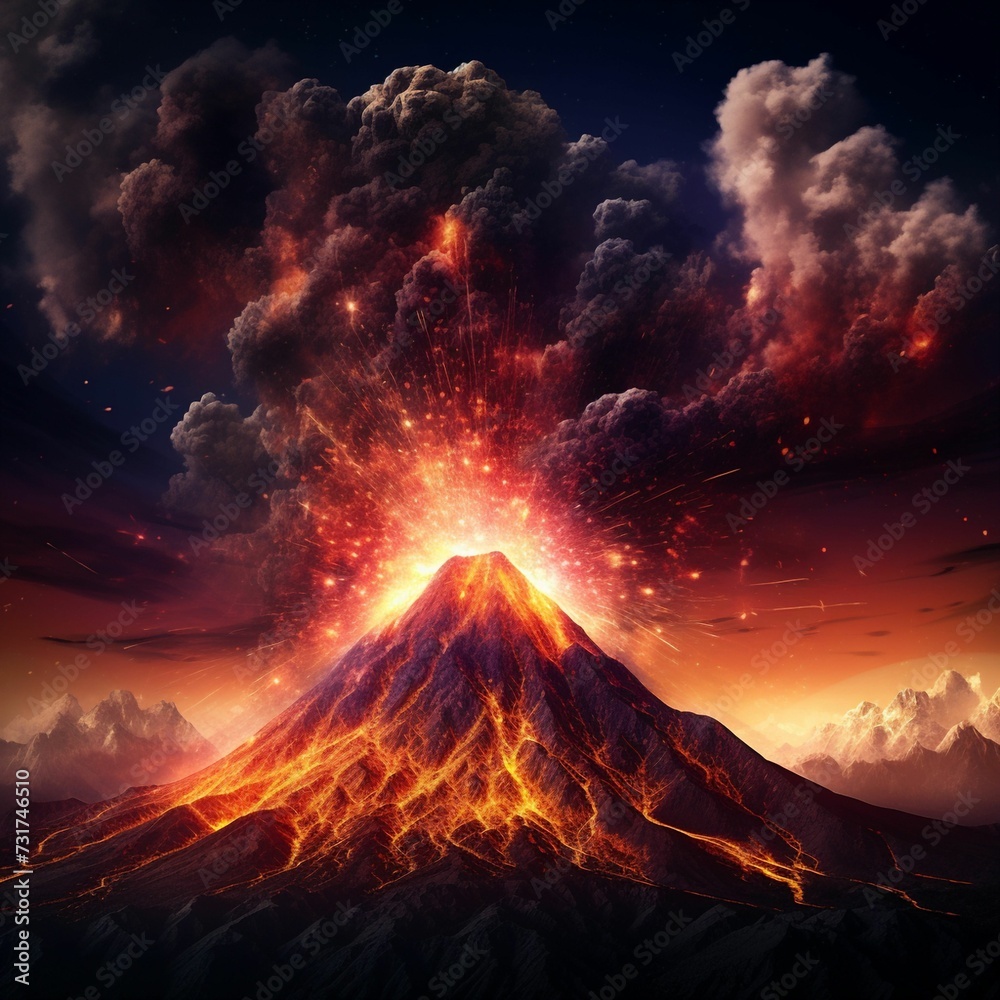 AI generated illustration of A magnificent sight of a volcano erupting in the night sky