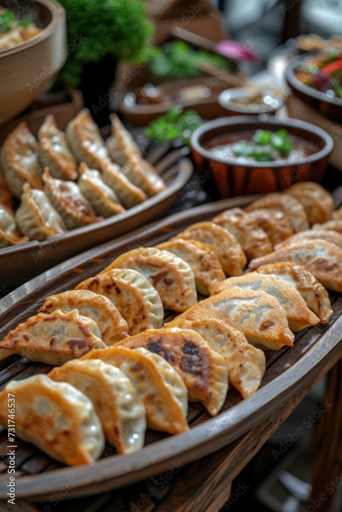 A plate of dumplings filled with different shapes and quantities of stuffed dumplings. A plate of dumplings filled with different shapes and quantities of stuffed dumplings.